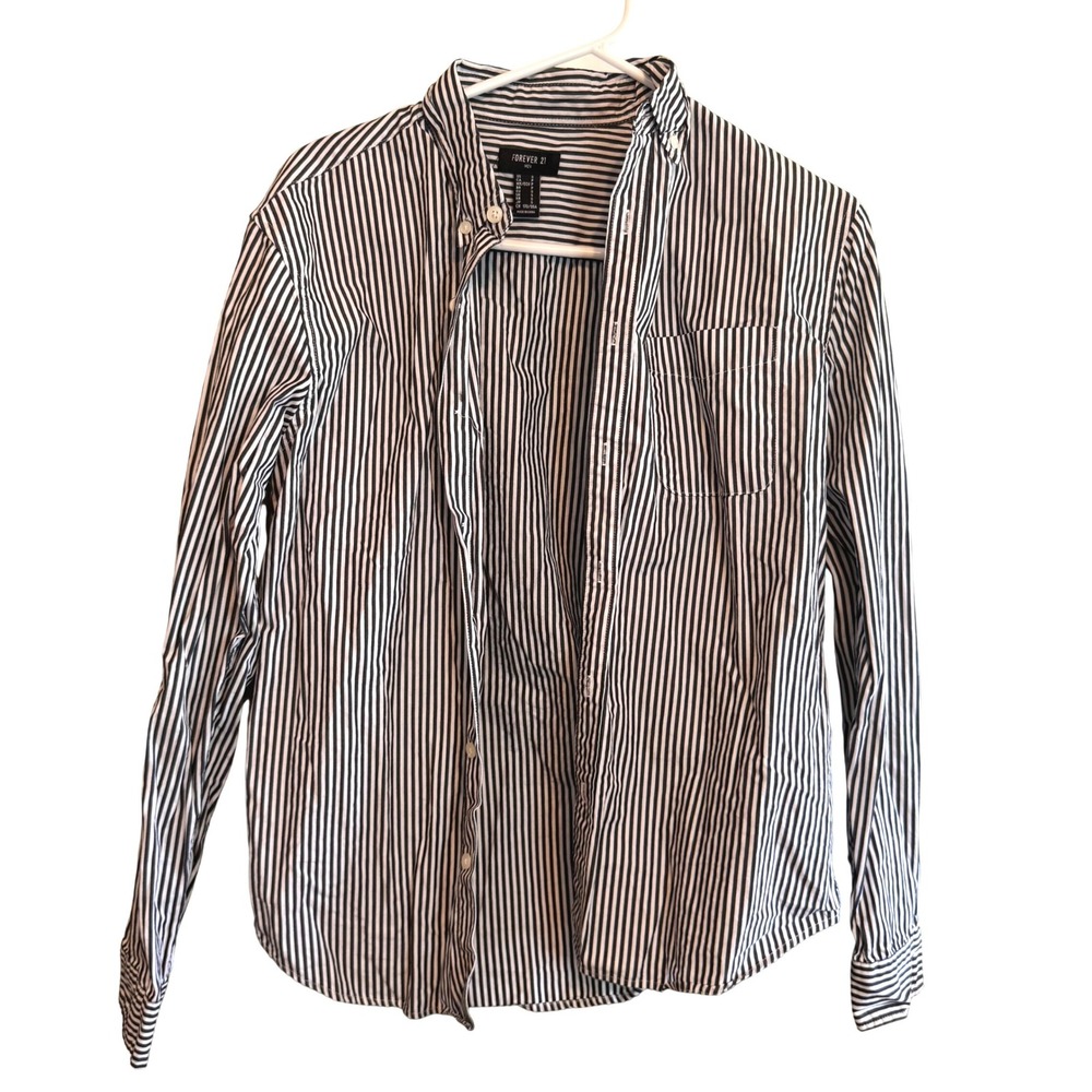 Forever 21 Men Small‎ Black White Vertical Striped Button Down Long Sleeve Shirt